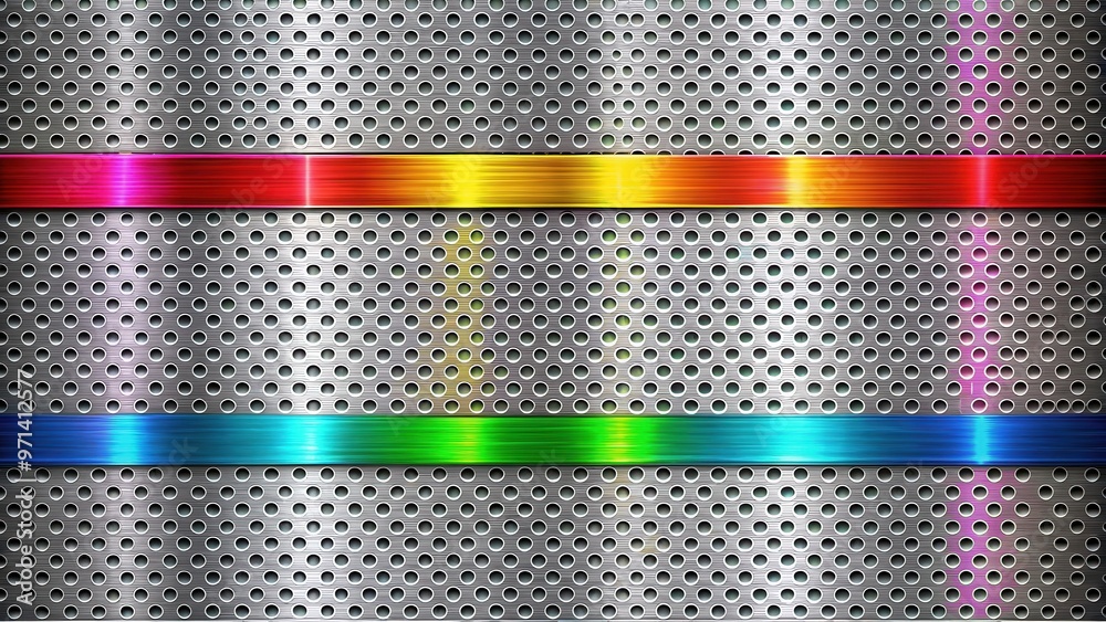 Wall mural Steel metal silver perforated texture background with colorful accents