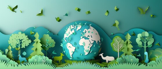 A vibrant paper art representation of a lush planet with wildlife, trees, and butterflies, symbolizing nature and conservation.
