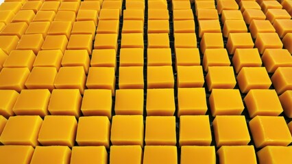 A grid of uniform yellow cheese cubes arranged in neat rows.