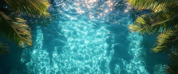 Tropical swimming pool seen from above with turquoise water and palm leaves.