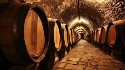 Rows of wooden barrels aging wine in a dimly lit cellar, highlighting the quiet, peaceful process of fermentation.