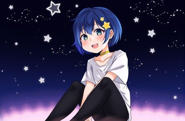 anime girl with blue hair in a white t-shirt and black tights sits on the floor