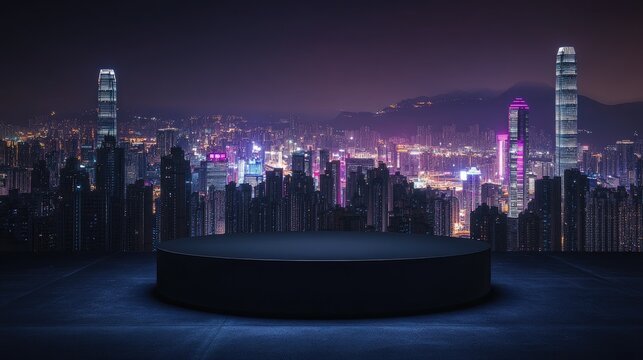 Round black podium positioned against the night cityscape, with bright urban lights creating a sleek, modern background for display.