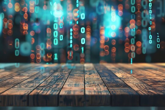 A wooden table with a futuristic digital background featuring glowing binary code, perfect for technology-themed projects.