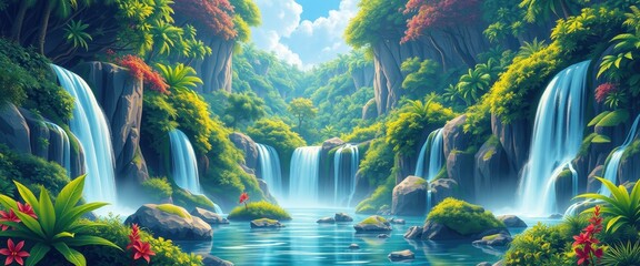 Obraz premium Serene Tropical Waterfall Oasis with Lush Greenery and Tranquil Blue Water