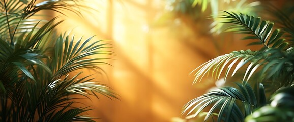 Lush green palm leaves with warm, golden sunlight shining through.
