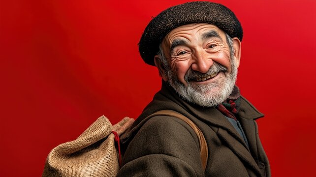 Olentzero with a warm smile, wearing a traditional Basque beret and a sooty face, holding a sack of gifts, standing against a bright red background