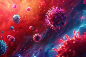 Abstract illustration of viruses in vibrant colors against a cosmic background, symbolizing the microscopic world of pathogens.