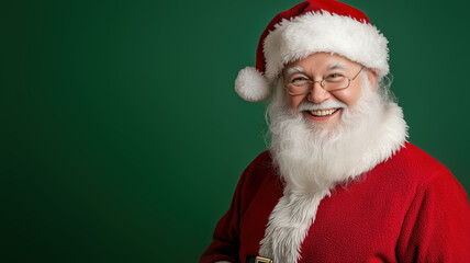 Naklejka premium Santa Claus, wearing his classic red suit and glasses, smiles warmly against a green background, embodying holiday cheer and festive spirit.