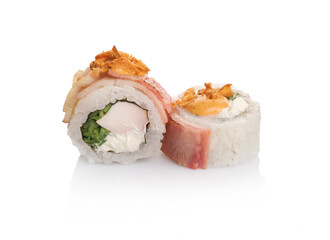 Freshly made sushi rolls featuring cream cheese, colorful fish, and crunchy toppings on a white background