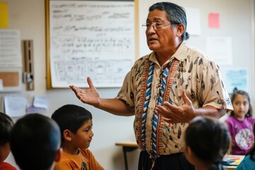 classroom with pupils studying, male teacher teaching them language. Native American heritage day