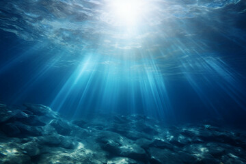 Obraz premium Sunbeams Pierce the Deep: A serene underwater scene with sunlight radiating down through clear blue waters, casting a magical glow on the sandy seabed and coral formations. The image evokes a sense of