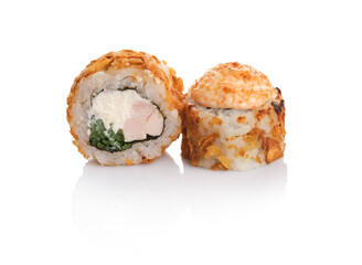 Crispy sushi rolls featuring creamy filling and fresh ingredients served on a white background