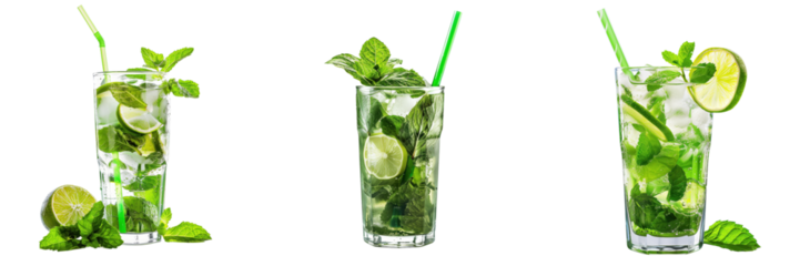 A classic mojito with mint leaves, lime, and a straw isolated on a transparent background