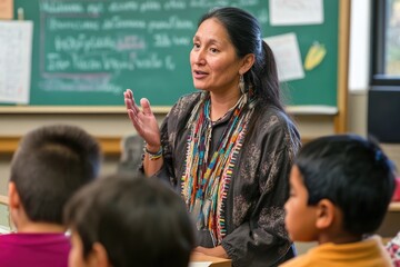 Native American heritage day. classroom with kids studying, female teacher teaching them language