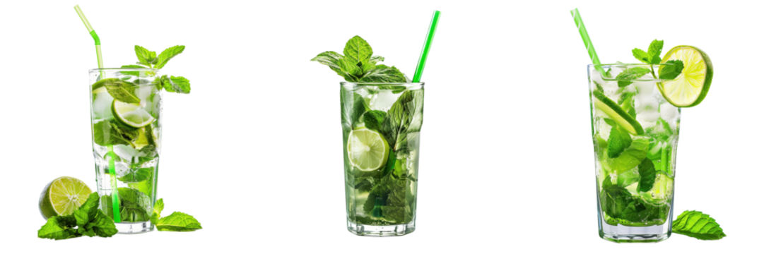 A classic mojito with mint leaves, lime, and a straw isolated on a transparent background