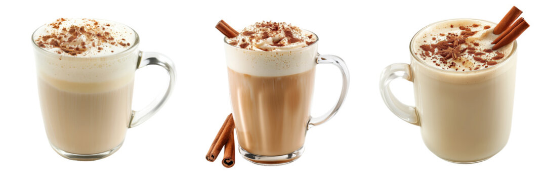 A smooth and creamy chai latte with a sprinkle of cinnamon on top isolated on a transparent background