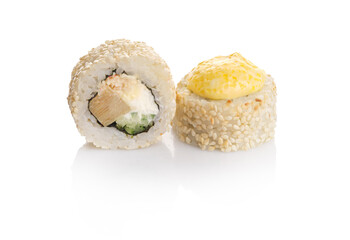Delicious sushi rolls featuring creamy filling and sesame seeds on a clean white background for culinary enthusiasts