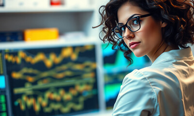 dark haired girl analyst in glasses in front of a monitor with graphs