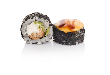 Delicious sushi rolls featuring creamy fillings, fresh vegetables, and unique black sesame seeds, ideal for a gourmet dining experience
