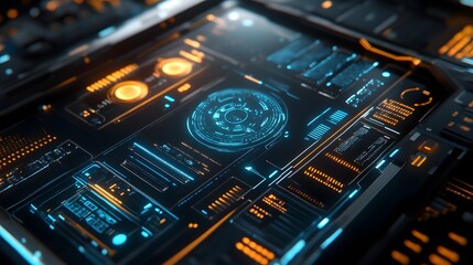 Digital HUD interfaces seamlessly integrated on a sleek muted surface