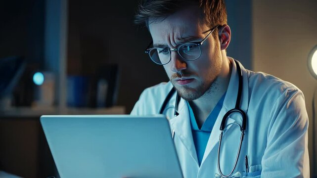 Young serious focused doctor, GP or intern studying on laptop, accessing electronic Health records, review patient medical history, analyzing data, make decisions about diagnosis and treatment plan