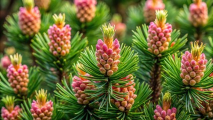 Closeup of beautiful blooms of dwarf mountain pine Pinus mugo inflorescence in full bloom