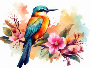 Obraz premium Watercolor Bird on Branch with Pink Flowers 
