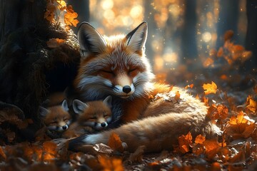 Red fox curled up with her kits in a cozy den nestled within a forest