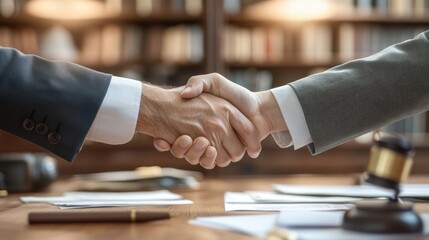 Lawyers Shaking Hands After Successful Legal Negotiation with Documents on Desk