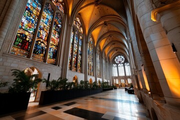 Fototapeta premium A Gothic cathedral interior, with soaring arches and stained glass windows depicting scenes from French history and religious lore