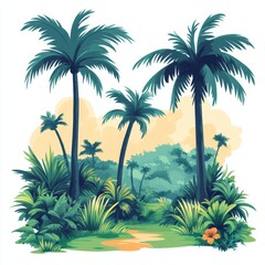 Fototapeta premium Tropical rainforest landscape with grass, plants and trees vector illustration on white background, AI generated