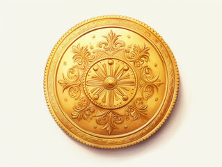 Fototapeta premium Golden Ornate Shield: A close-up view of a gleaming gold shield, intricately adorned with a floral pattern, exudes power and resilience, evoking a sense of ancient history and protective strength.