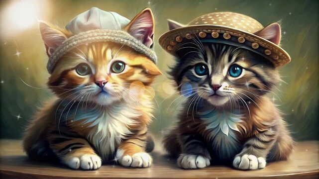 2 cute kittens with flat expressions and wearing hats
