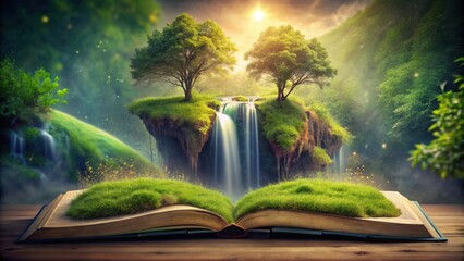 Enchanting of a magical opened book with grass, trees, and waterfall on the cover