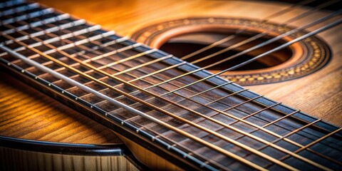 Fototapeta premium Close up view of guitar strings and fretboard, showing intricate details and textures