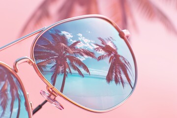 Stylish sunglasses reflect a tropical paradise with palm trees, blue ocean, and pink skies, perfect for summer vibes.