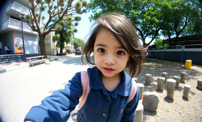 little dark-haired girl 6-7 years old with a backpack in the school yard