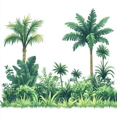 Tropical rainforest landscape with grass, plants and trees vector illustration on white background, AI generated