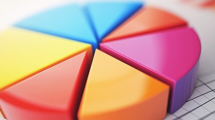 Obraz premium A close-up of a 3D pie chart with bright, contrasting colors, the segments separated slightly to highlight different data points, set on a white background