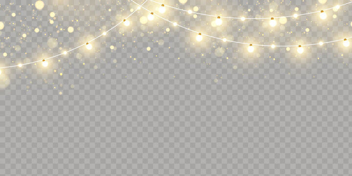 Christmas lights isolated on transparent background. Set of golden Christmas glowing garlands with sparks. For congratulations, invitations and advertising design. Vector