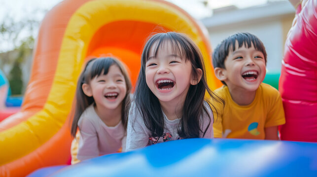 Asian children laughing on a bouncy castle