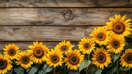 Sunflowers against Rustic Wooden Background