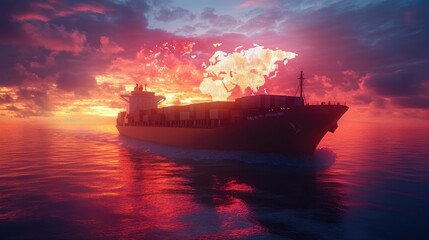 Obraz premium A cargo ship sailing on the ocean at sunset with a world map outline in the sky.