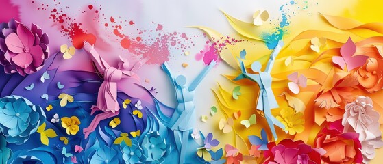 Vibrant paper art featuring joyful figures celebrating amidst colorful flowers and butterflies, depicting happiness and creativity.