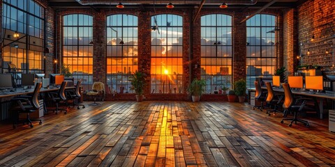 Naklejka premium The image features a modern, open-plan office space with large windows overlooking a cityscape at sunset, highlighting the blend of industrial design and contemporary work environments