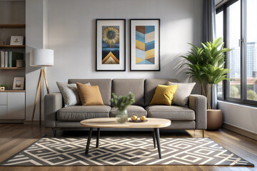 Stylish Modern Living Room, Cozy Gray Sofa with Geometric Art, Warm Accents, and Natural Light for a Chic Home Ambiance