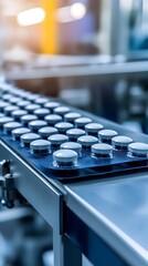 Close-up of pharmaceutical tablets on a production line, showcasing quality control and manufacturing processes in the industry.