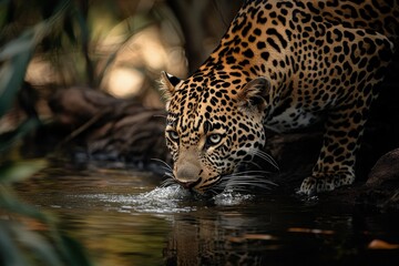 a close up of a cat drinking water from a river