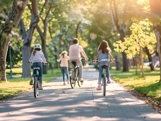 Obraz premium Family Cycling in Eco Friendly City Park Promoting Outdoor Activities and Sustainable Lifestyle